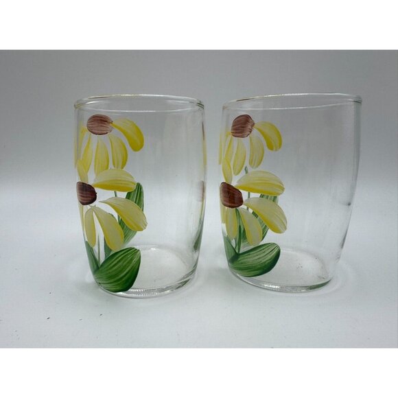 2 Bartlett Collins Gay Fad Handpainted Juice glases Daisies Yellow Brown - Picture 4 of 5